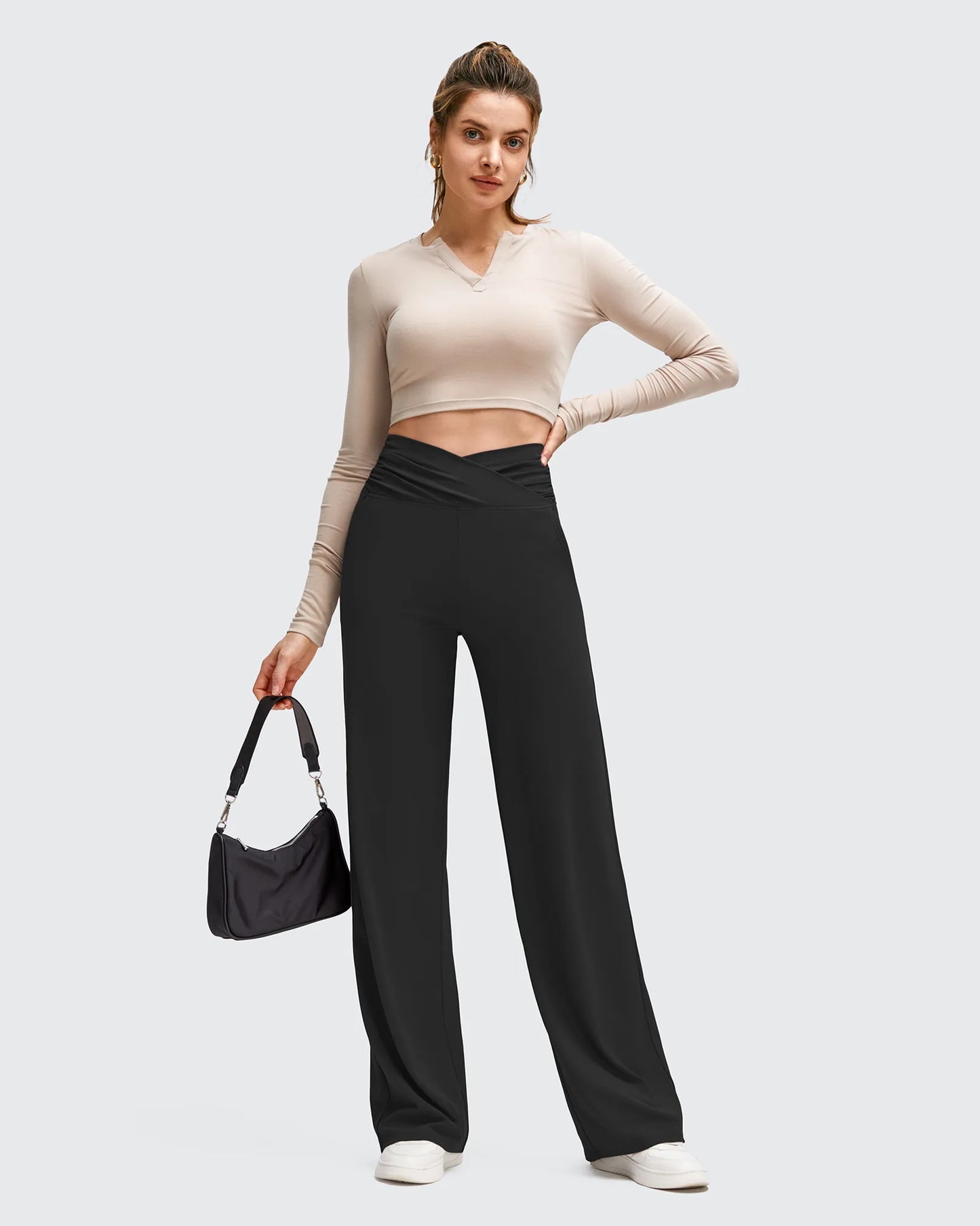 Pantalones de Yoga de Pierna Ancha con Pliegues Laterales y Cintura en V BareFeel