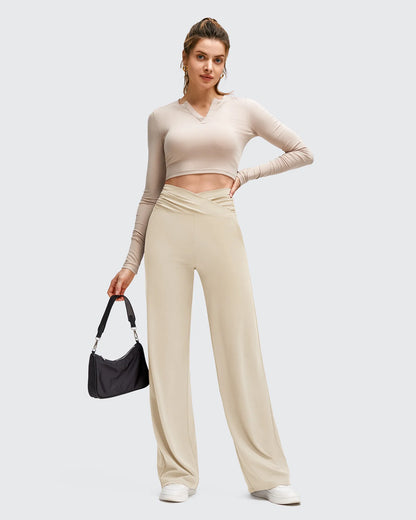 Pantalones de Yoga de Pierna Ancha con Pliegues Laterales y Cintura en V BareFeel