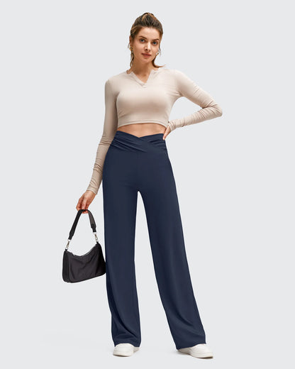 Pantalones de Yoga de Pierna Ancha con Pliegues Laterales y Cintura en V BareFeel