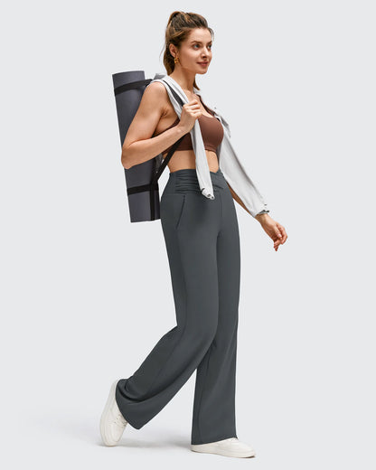 Pantalones de Yoga de Pierna Ancha con Pliegues Laterales y Cintura en V BareFeel