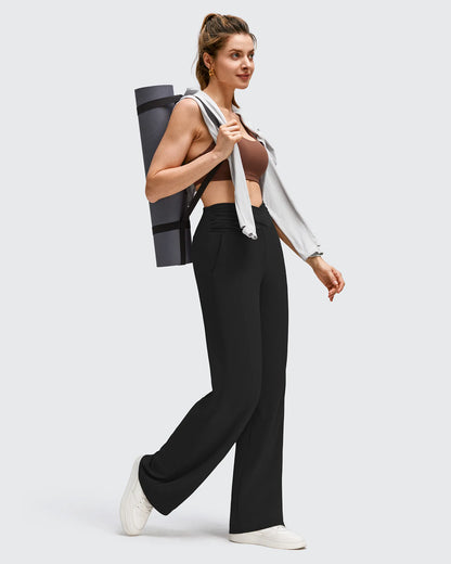 Pantalones de Yoga de Pierna Ancha con Pliegues Laterales y Cintura en V BareFeel