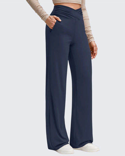 Pantalones de Yoga de Pierna Ancha con Pliegues Laterales y Cintura en V BareFeel