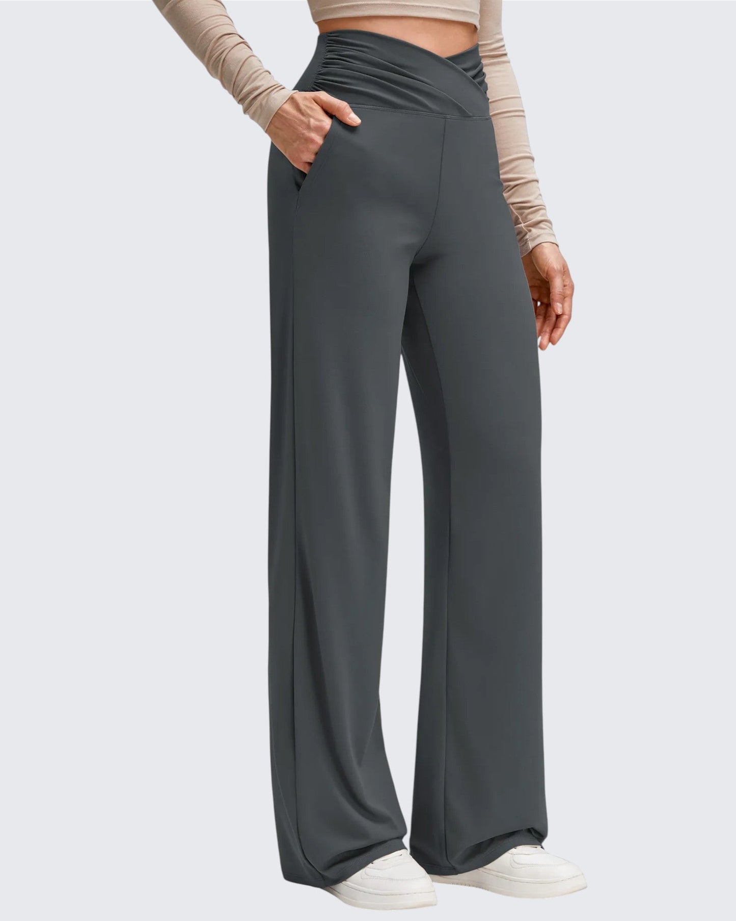Pantalones de Yoga de Pierna Ancha con Pliegues Laterales y Cintura en V BareFeel