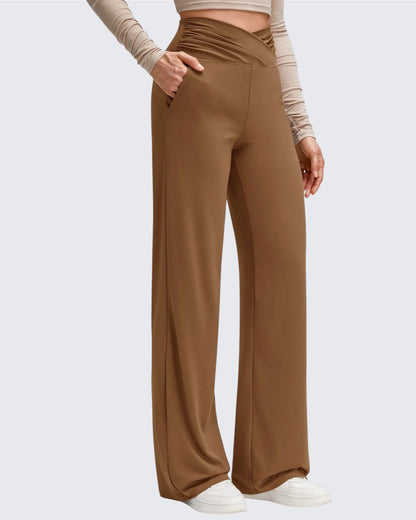 Pantalones de Yoga de Pierna Ancha con Pliegues Laterales y Cintura en V BareFeel
