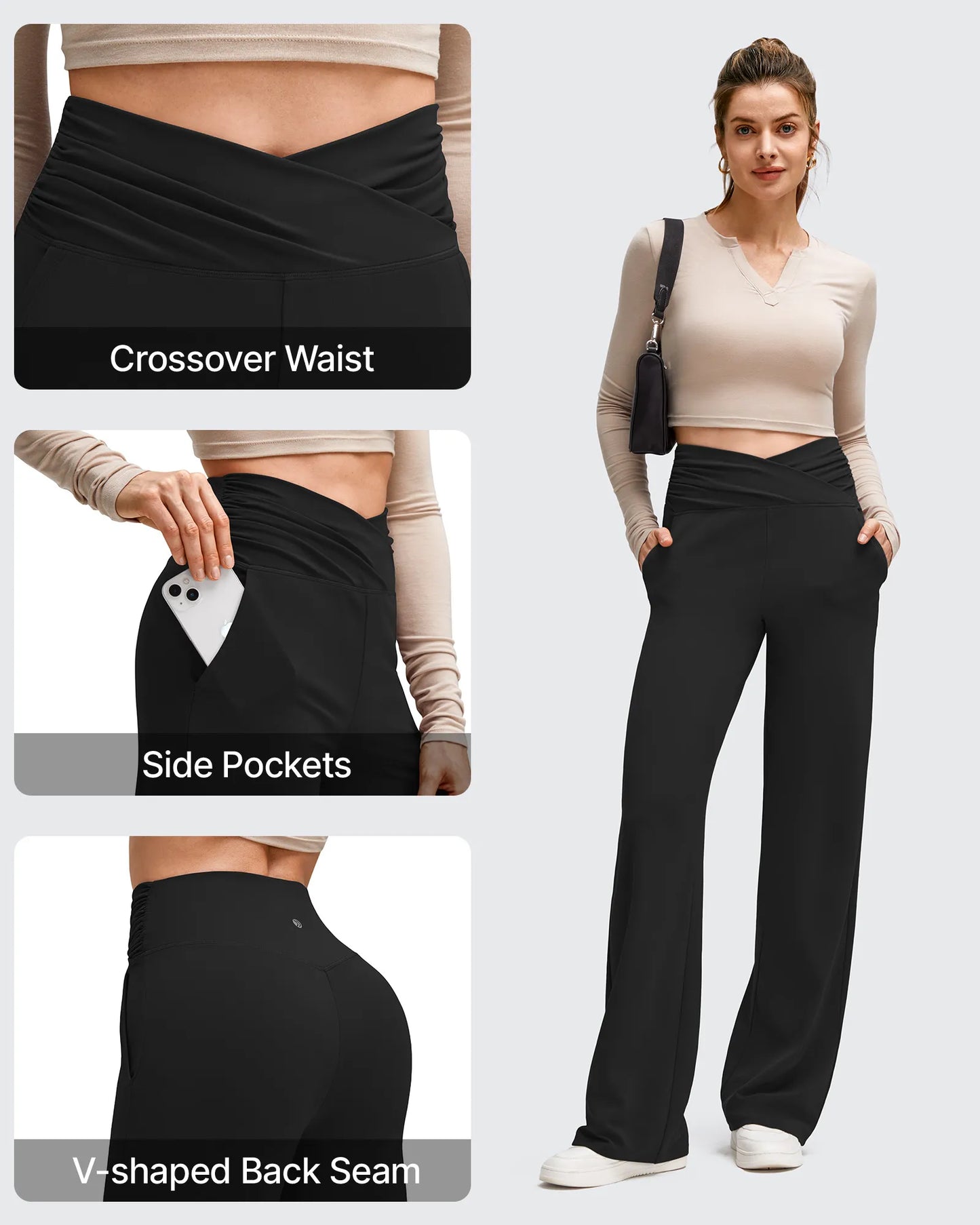 Pantalones de Yoga de Pierna Ancha con Pliegues Laterales y Cintura en V BareFeel