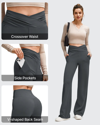 Pantalones de Yoga de Pierna Ancha con Pliegues Laterales y Cintura en V BareFeel