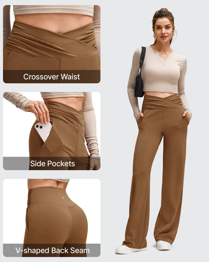 Pantalones de Yoga de Pierna Ancha con Pliegues Laterales y Cintura en V BareFeel