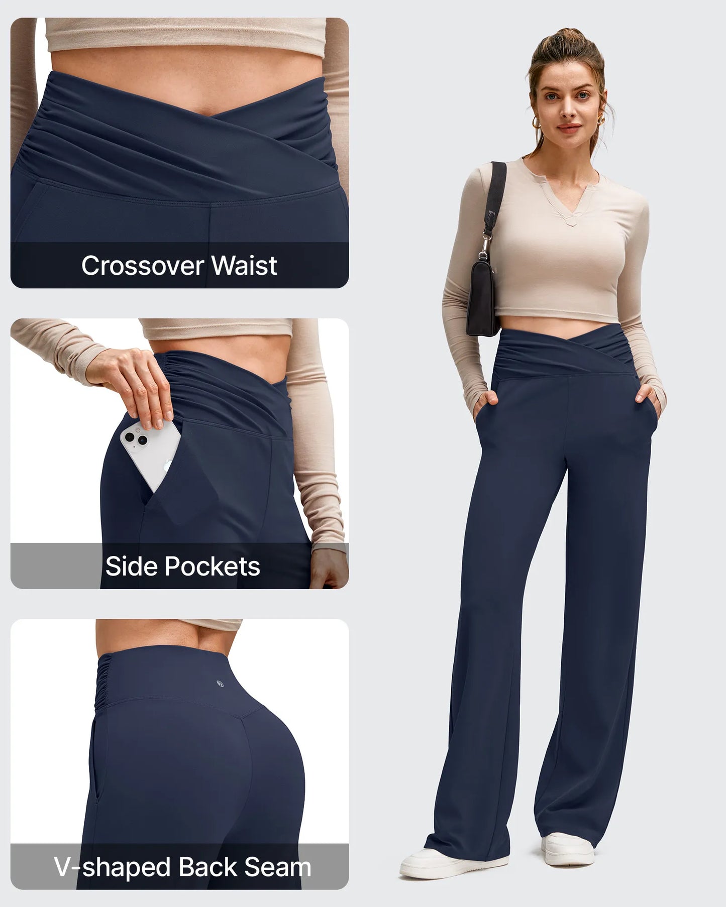 Pantalones de Yoga de Pierna Ancha con Pliegues Laterales y Cintura en V BareFeel