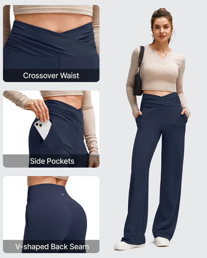 Pantalones de Yoga de Pierna Ancha con Pliegues Laterales y Cintura en V BareFeel
