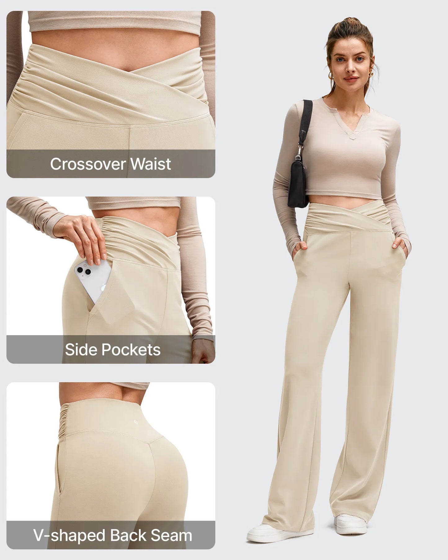 Pantalones de Yoga de Pierna Ancha con Pliegues Laterales y Cintura en V BareFeel