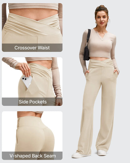 Pantalones de Yoga de Pierna Ancha con Pliegues Laterales y Cintura en V BareFeel