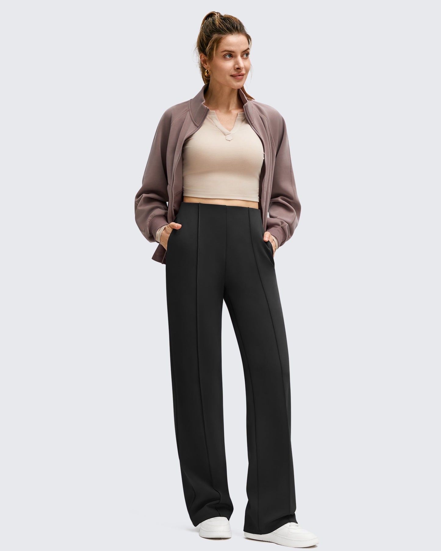 Pantalones de Negocios de Pierna Ancha Forrados con Forro Polar y Pliegues Delanteros