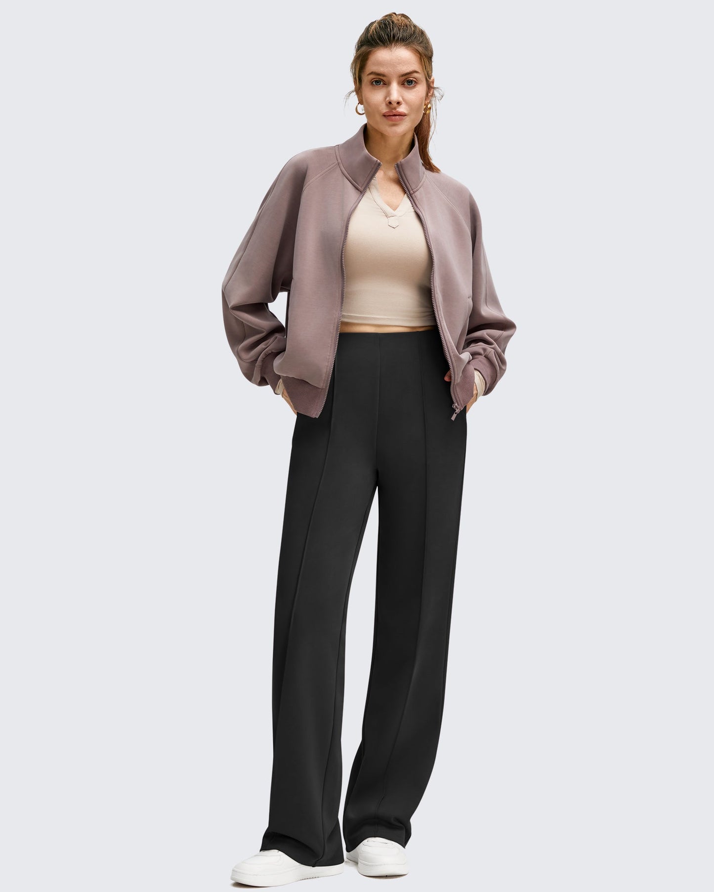 Pantalones de Negocios de Pierna Ancha Forrados con Forro Polar y Pliegues Delanteros