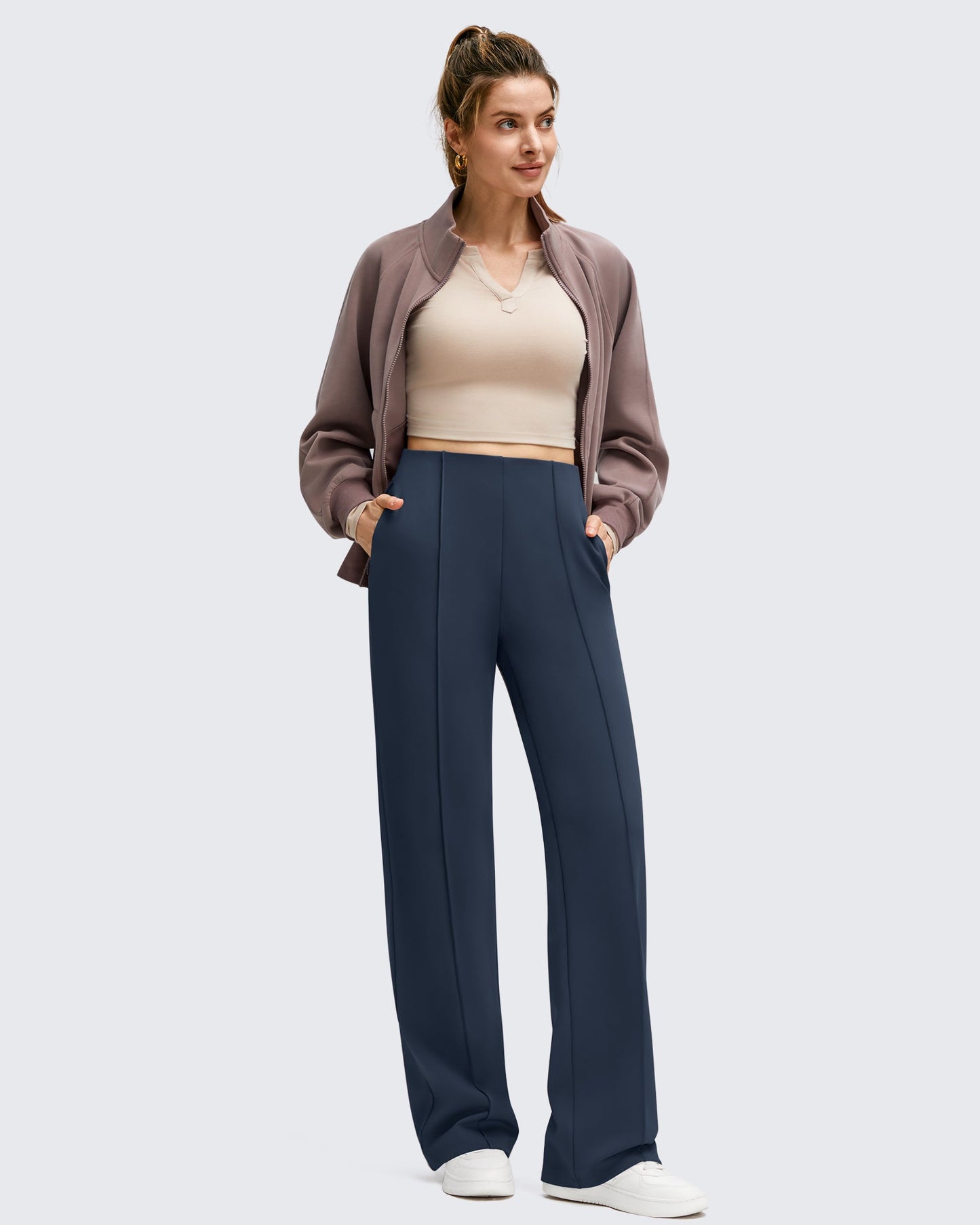 Pantalones de Negocios de Pierna Ancha Forrados con Forro Polar y Pliegues Delanteros