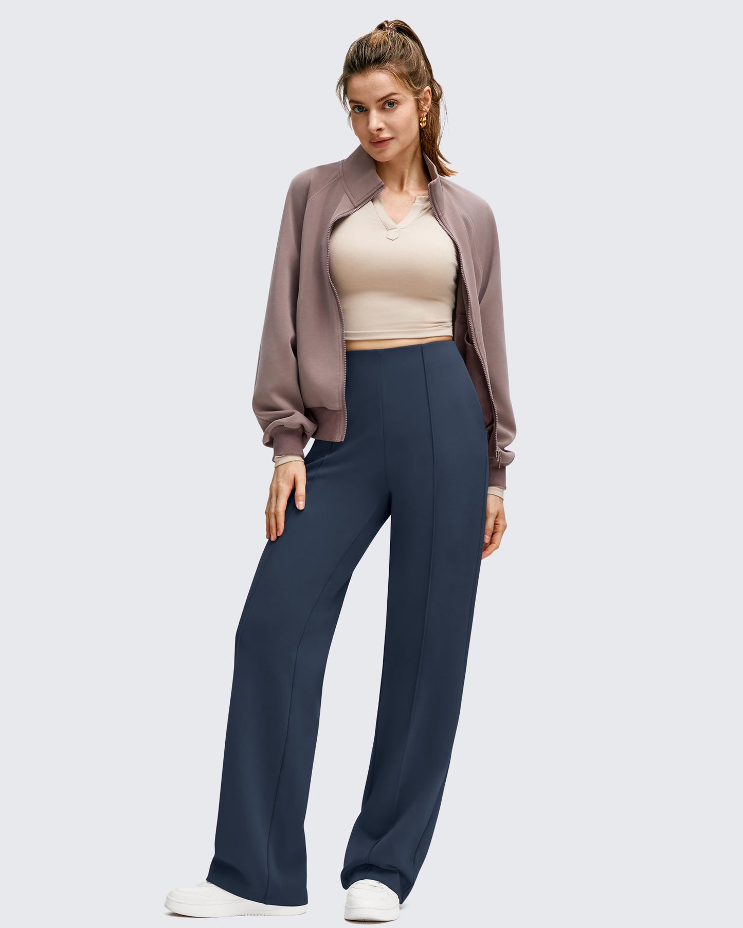 Pantalones de Negocios de Pierna Ancha Forrados con Forro Polar y Pliegues Delanteros
