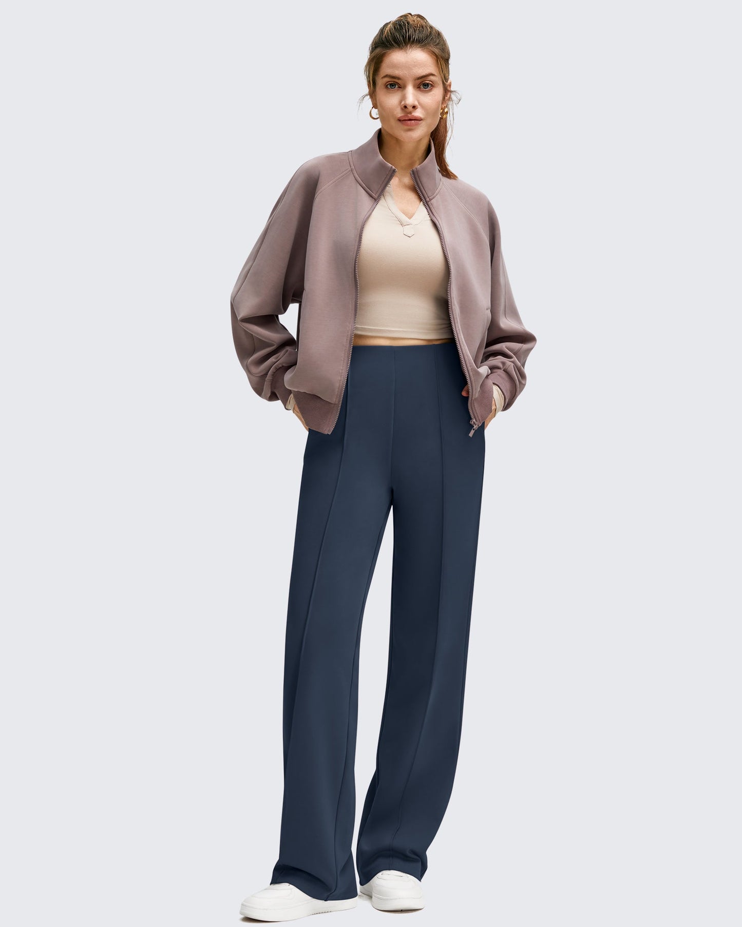 Pantalones de Negocios de Pierna Ancha Forrados con Forro Polar y Pliegues Delanteros