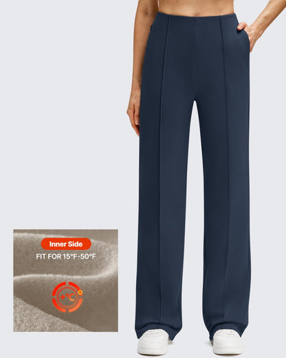 Pantalones de Negocios de Pierna Ancha Forrados con Forro Polar y Pliegues Delanteros