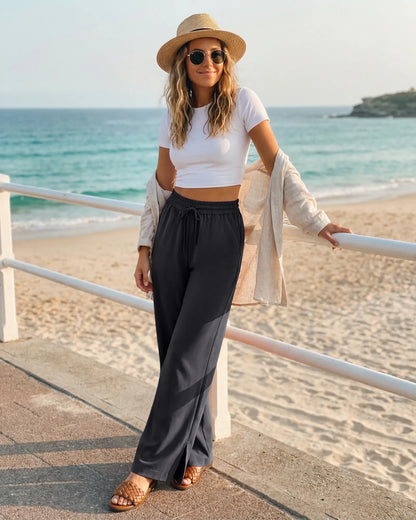 Pantalones Anchos Chillwhisp Palazzo Fluidos con Abertura Lateral y Cordón Ajustable