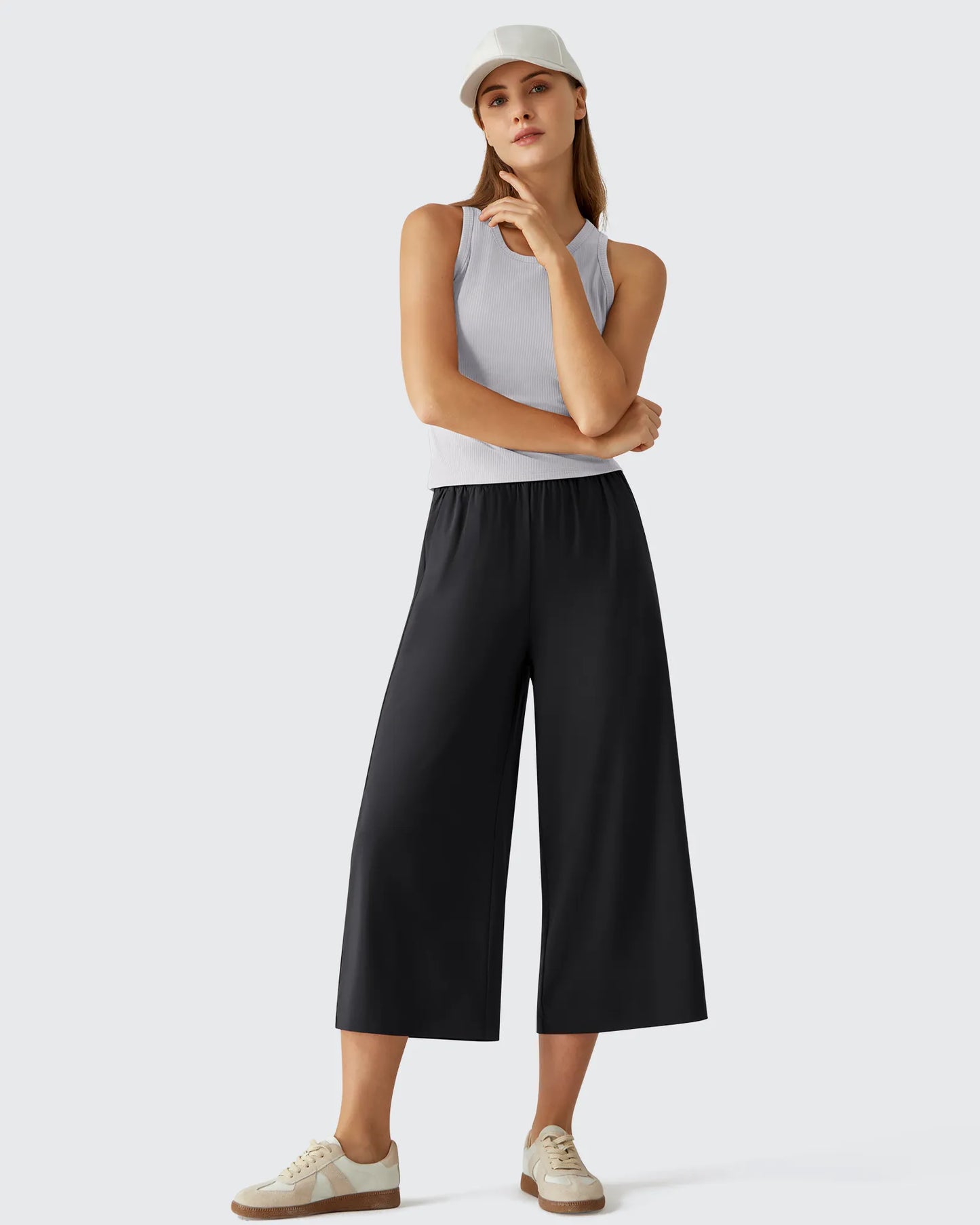 Chillwhisp Pantalones Capri de Pierna Ancha y Fluida con Cintura Elástica 20''