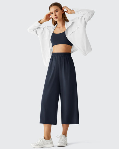 Chillwhisp Pantalones Capri de Pierna Ancha y Fluida con Cintura Elástica 20''