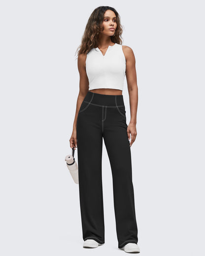 Pantalones EverGoing de pierna ancha de talle alto con pespuntes en contraste