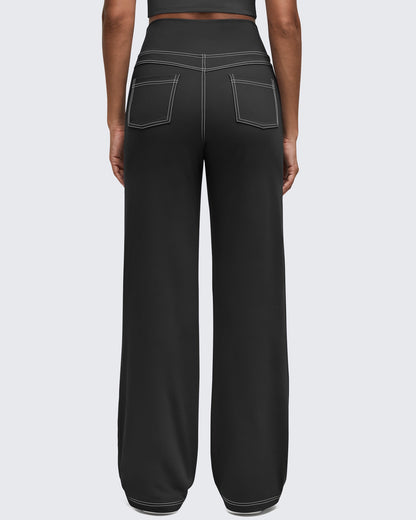 Pantalones EverGoing de pierna ancha de talle alto con pespuntes en contraste