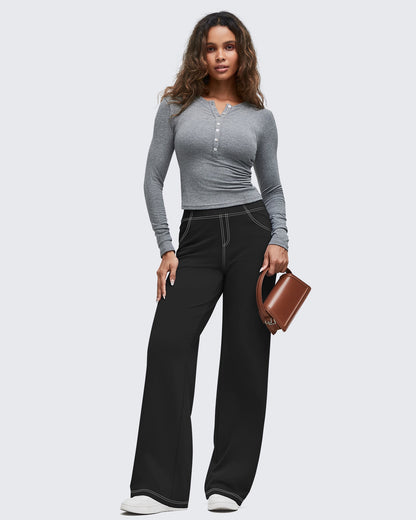 Pantalones EverGoing de pierna ancha de talle alto con pespuntes en contraste