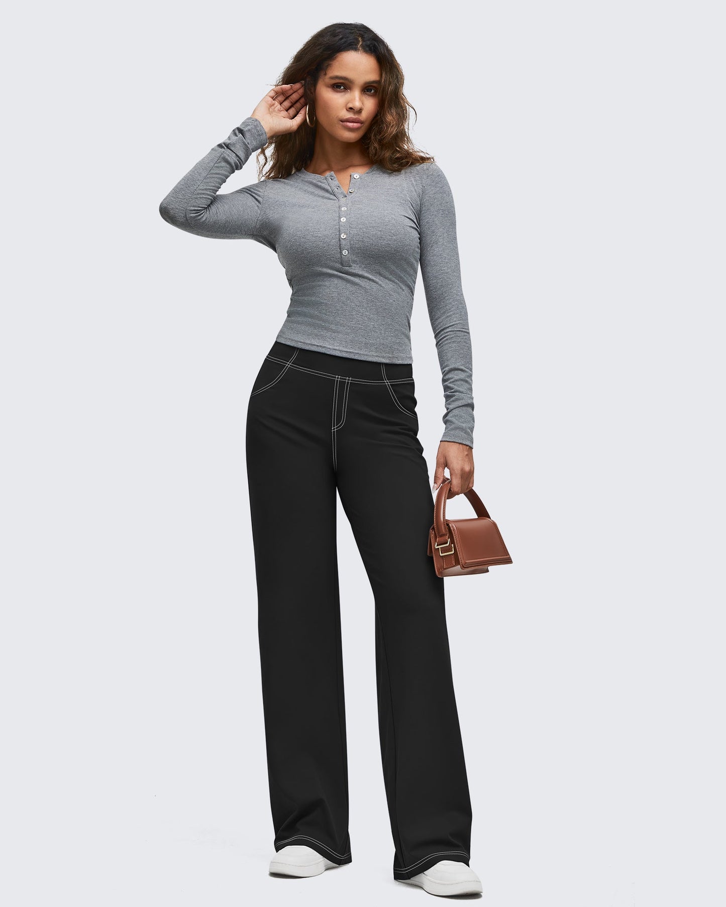 Pantalones EverGoing de pierna ancha de talle alto con pespuntes en contraste