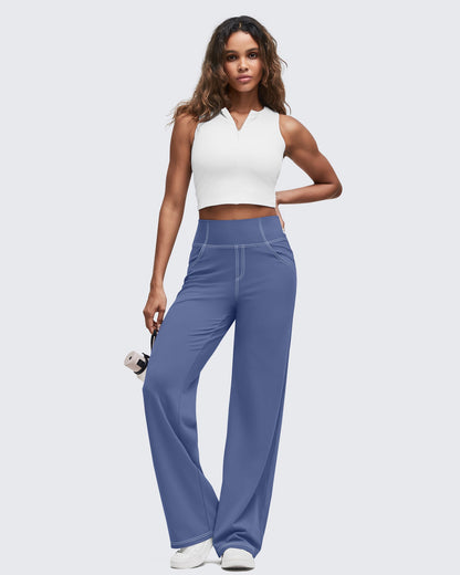 Pantalones EverGoing de pierna ancha de talle alto con pespuntes en contraste