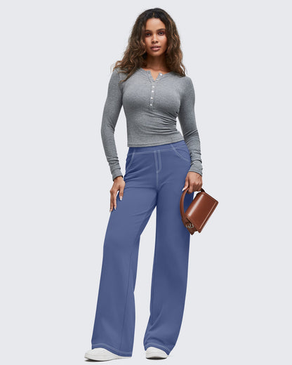 Pantalones EverGoing de pierna ancha de talle alto con pespuntes en contraste