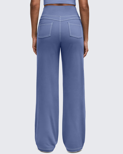 Pantalones EverGoing de pierna ancha de talle alto con pespuntes en contraste