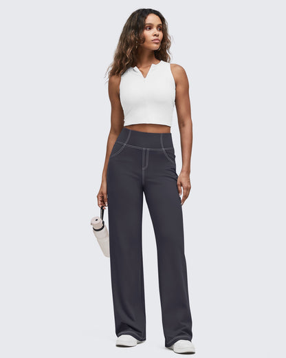 Pantalones EverGoing de pierna ancha de talle alto con pespuntes en contraste