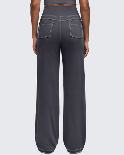 Pantalones EverGoing de pierna ancha de talle alto con pespuntes en contraste