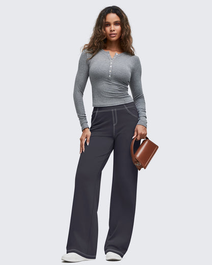 Pantalones EverGoing de pierna ancha de talle alto con pespuntes en contraste