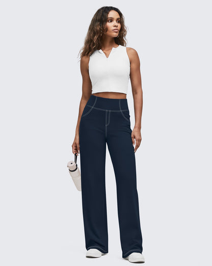 Pantalones EverGoing de pierna ancha de talle alto con pespuntes en contraste