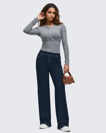Pantalones EverGoing de pierna ancha de talle alto con pespuntes en contraste