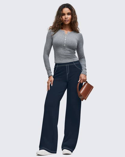 Pantalones EverGoing de pierna ancha de talle alto con pespuntes en contraste