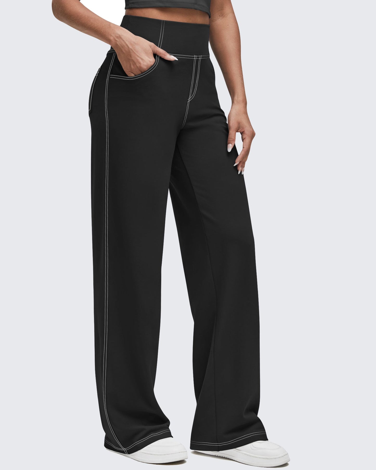 Pantalones EverGoing de pierna ancha de talle alto con pespuntes en contraste