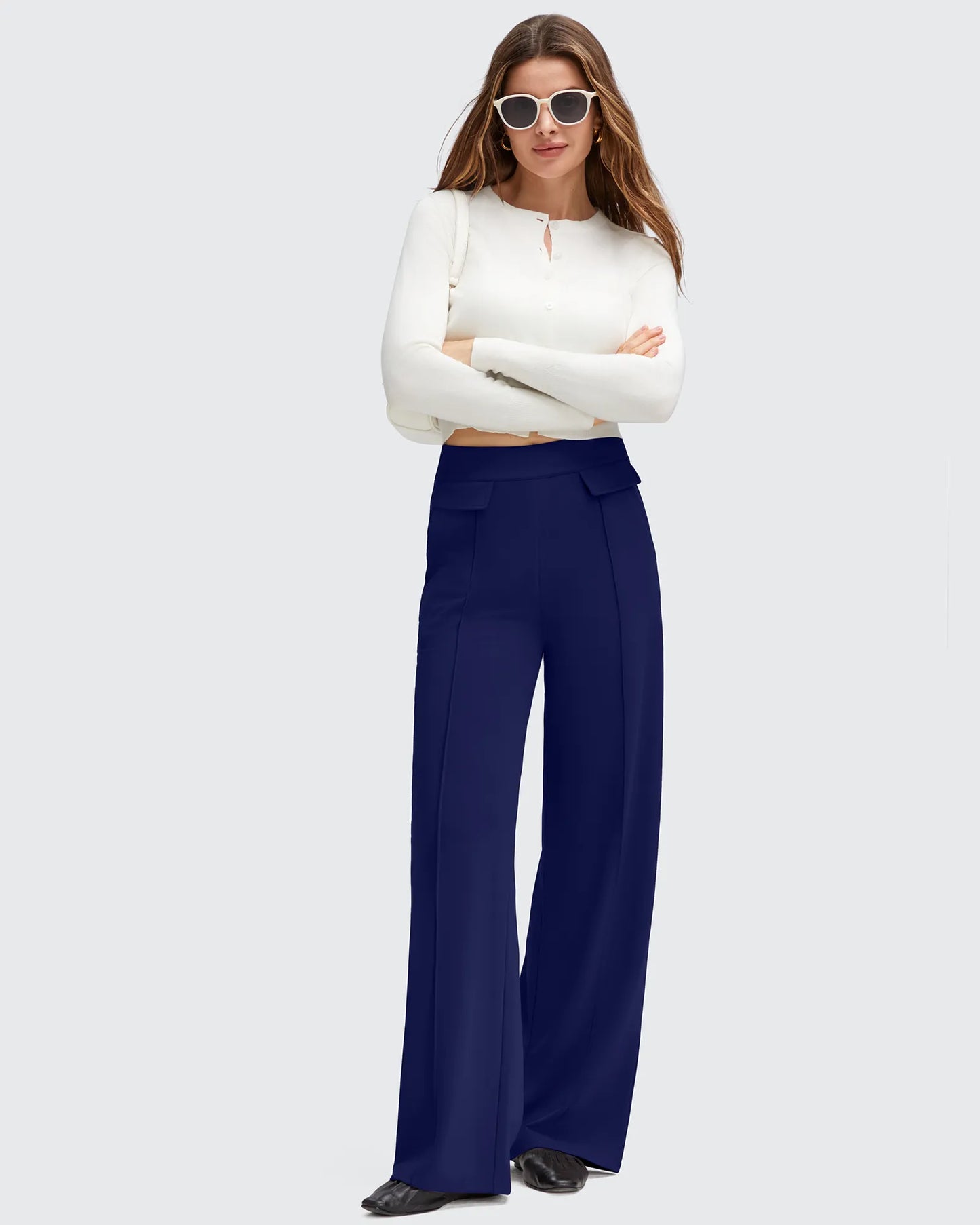 Pantalones Elegantes de Pierna Ancha EverGoing con Bolsillos de Solapa