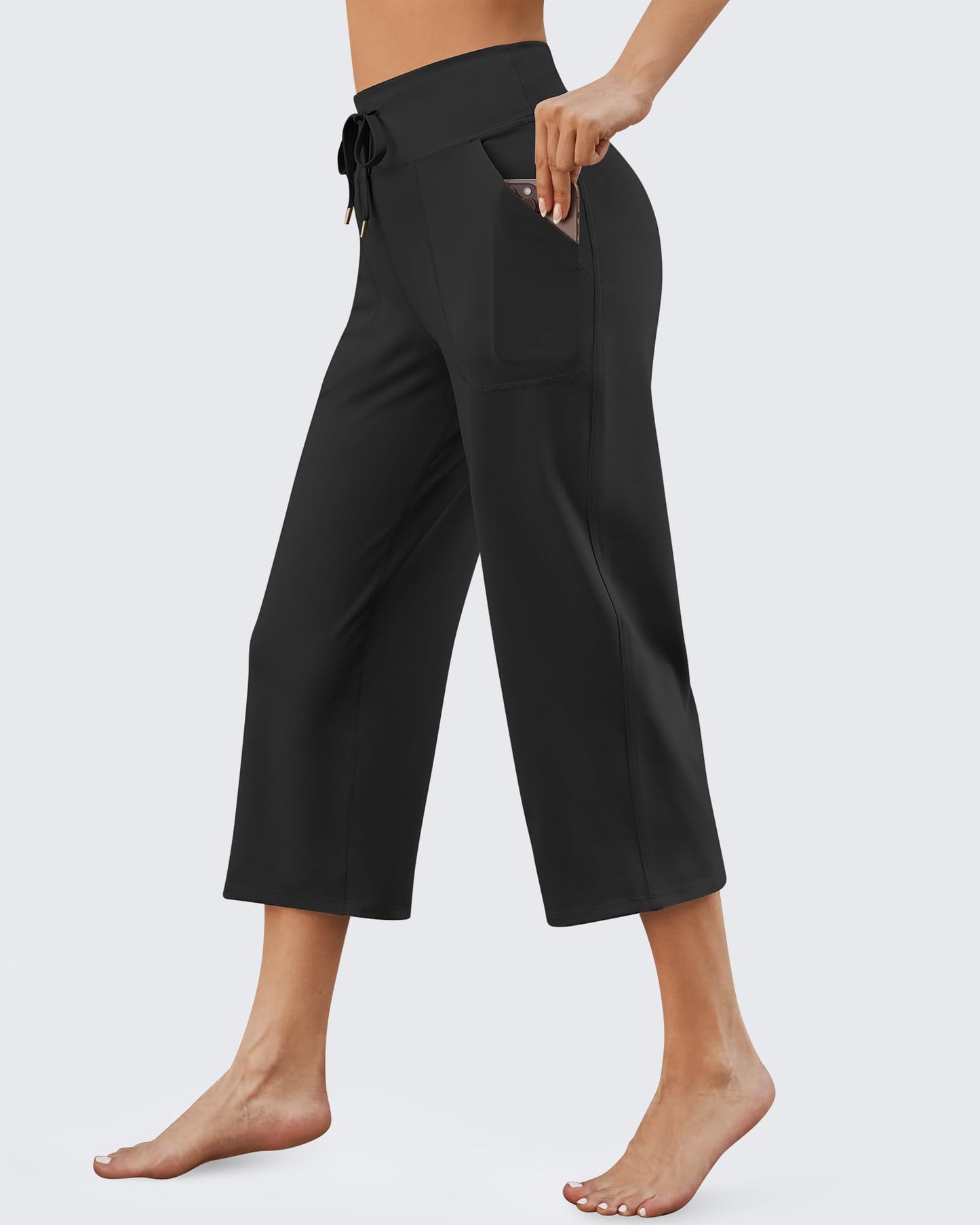 Pantalones Capris de Cintura Alta con Cordón y Pierna Ancha EverGoing