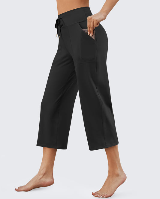 Pantalones Capris de Cintura Alta con Cordón y Pierna Ancha EverGoing