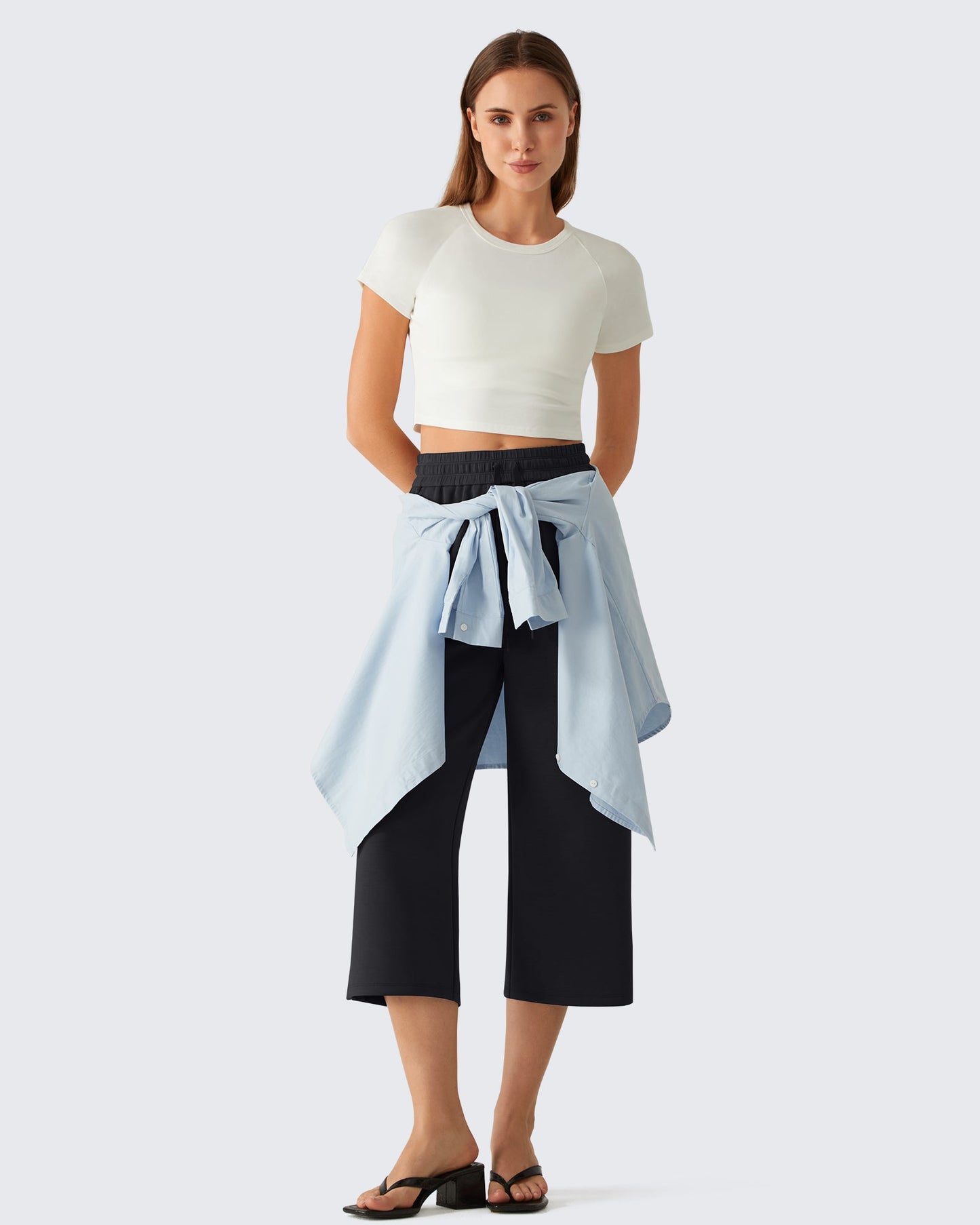 G4Free Smoofit Pantalones Capri de Pierna Ancha con Cordón y Bolsillos