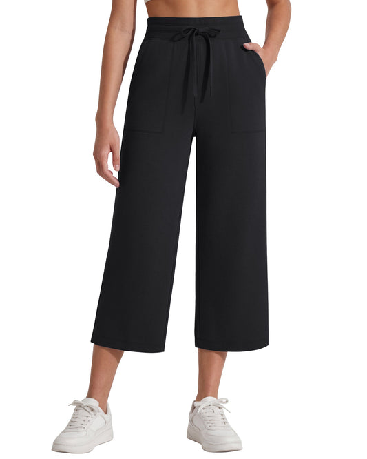 G4Free Smoofit Capris de cintura alta con cordón, pierna ancha y bolsillos