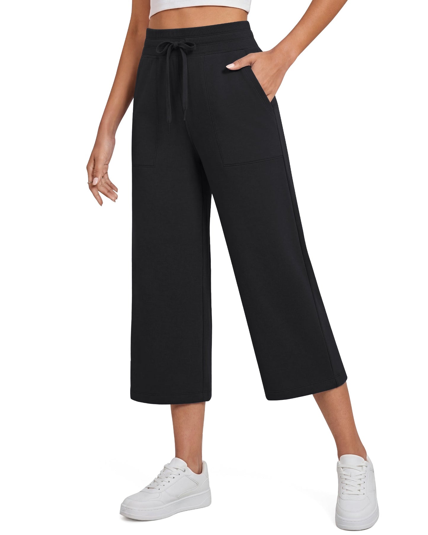 G4Free Smoofit Capris de cintura alta con cordón, pierna ancha y bolsillos