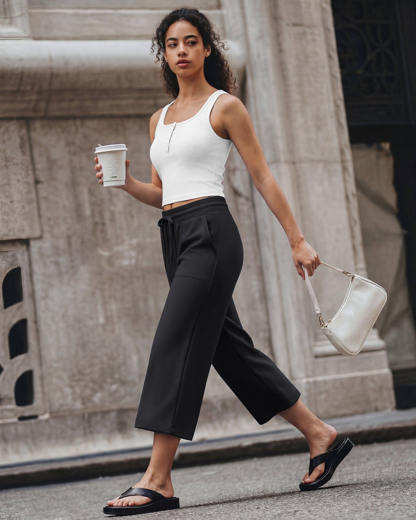 G4Free Smoofit Capris de cintura alta con cordón, pierna ancha y bolsillos