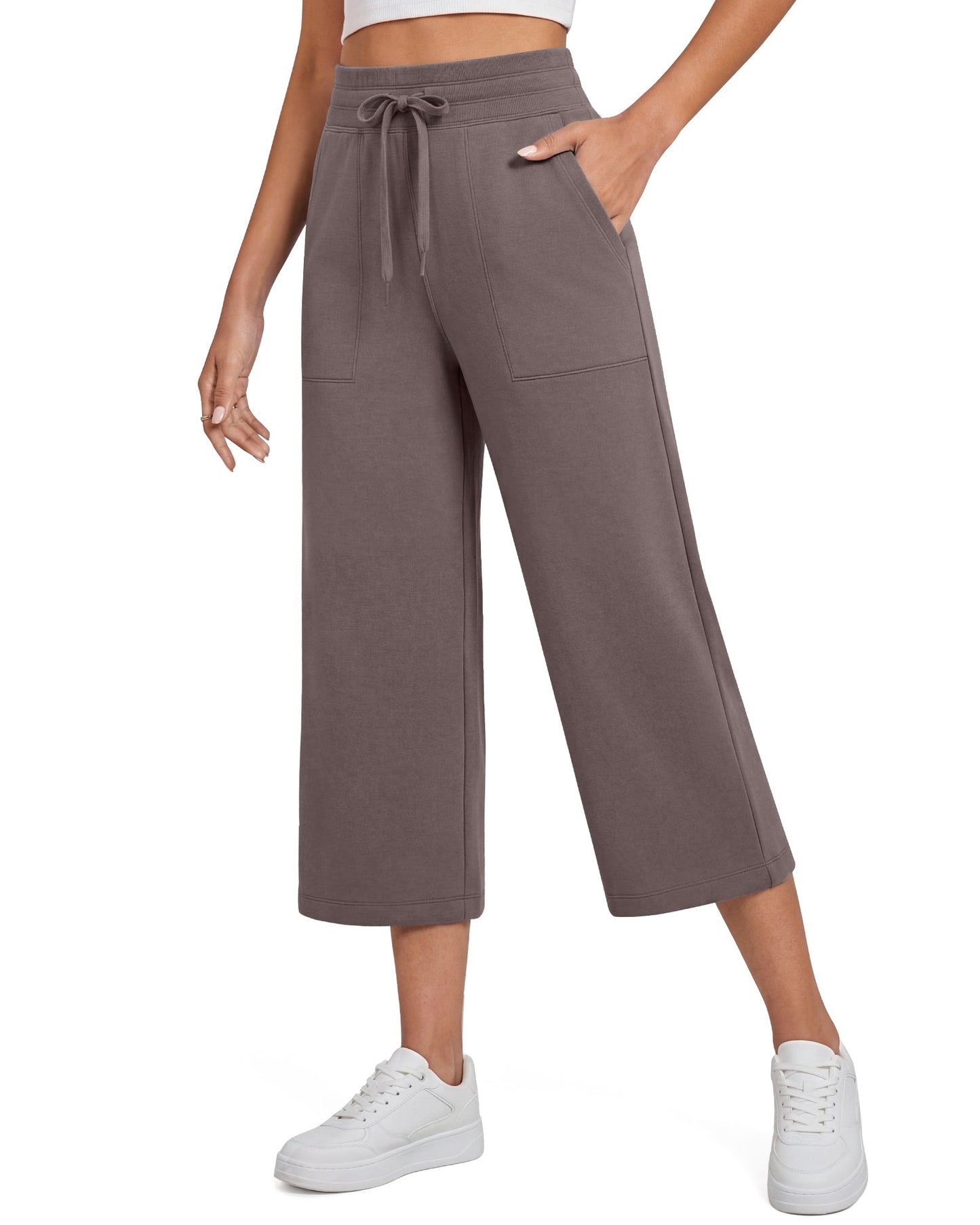 G4Free Smoofit Capris de cintura alta con cordón, pierna ancha y bolsillos