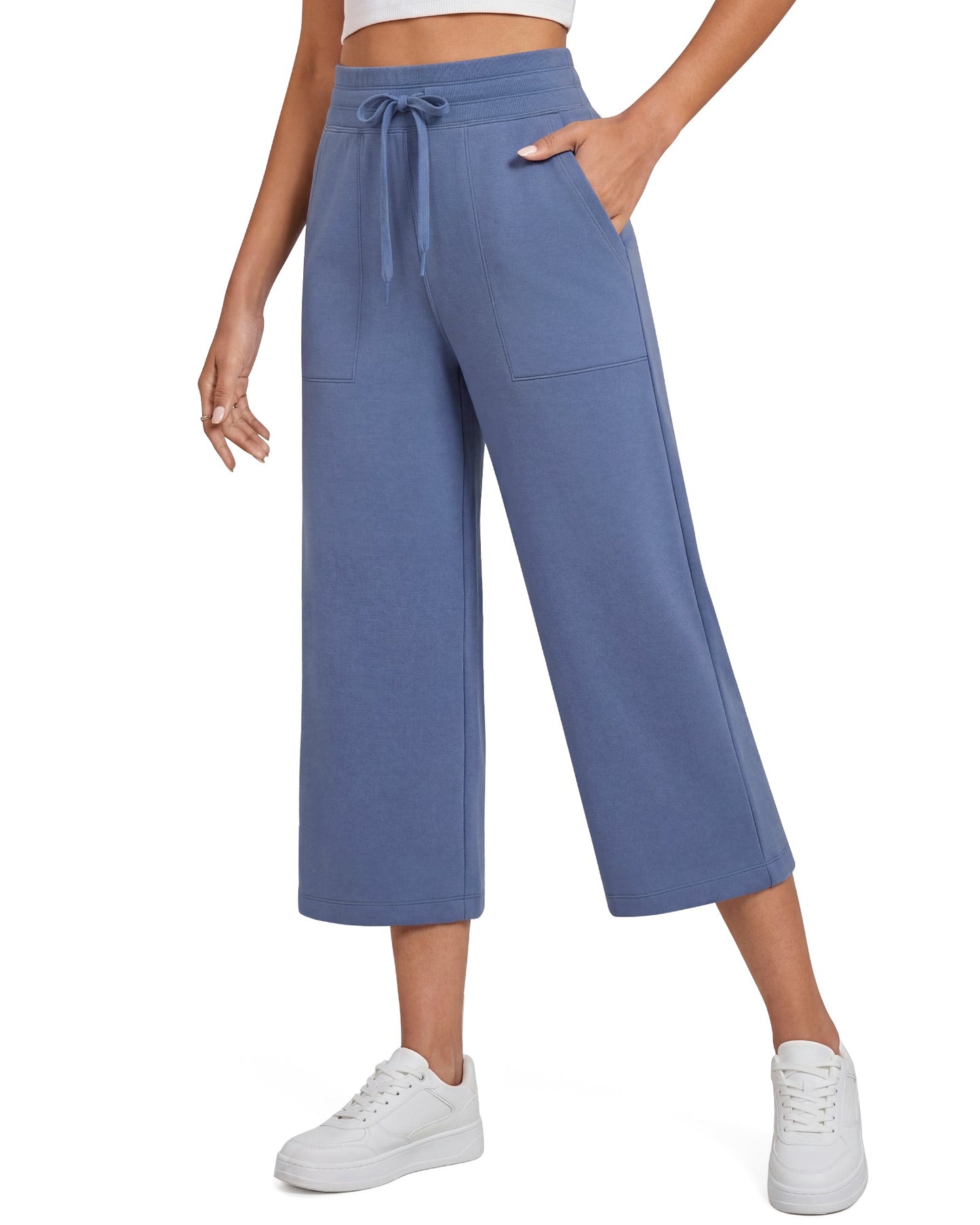 G4Free Smoofit Capris de cintura alta con cordón, pierna ancha y bolsillos