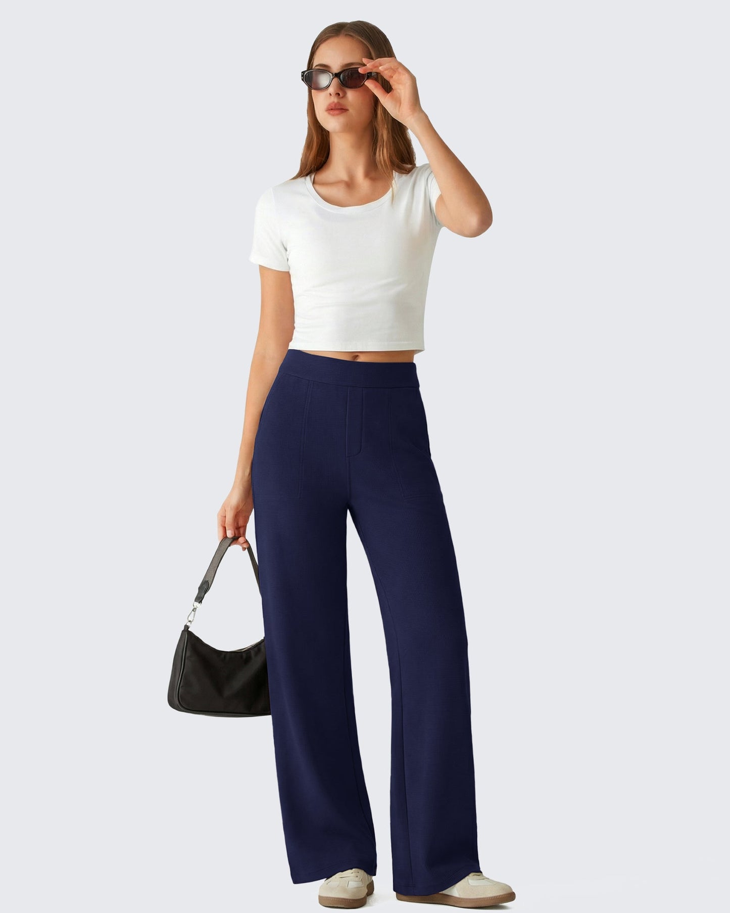 Pantalones de vestir G4Free Waffle de pernera ancha, de talle alto y elásticos