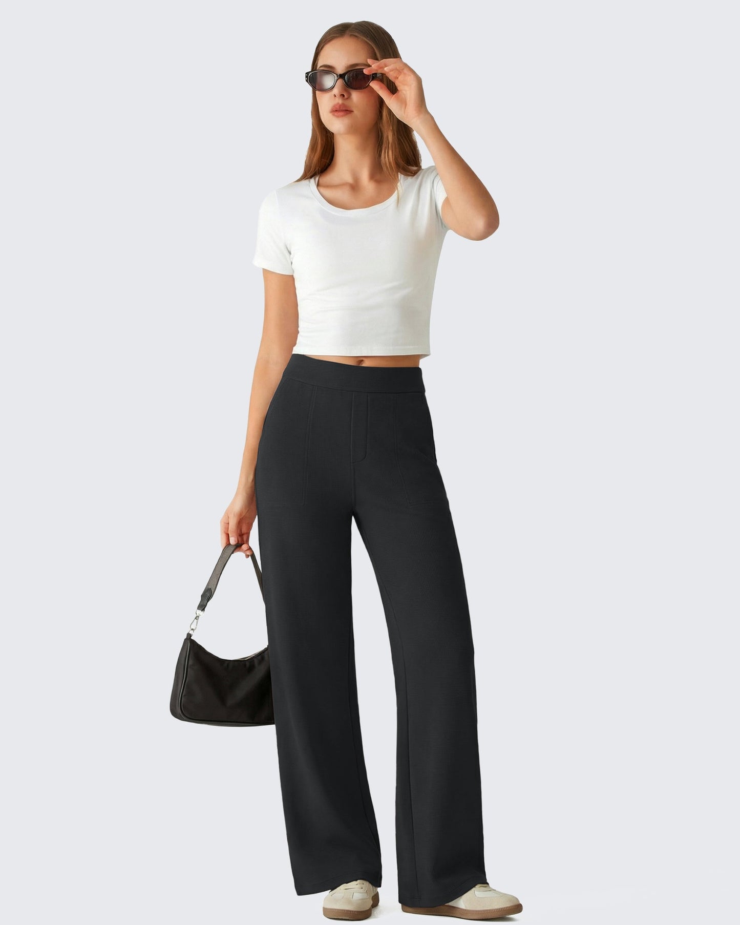 Pantalones de vestir G4Free Waffle de pernera ancha, de talle alto y elásticos