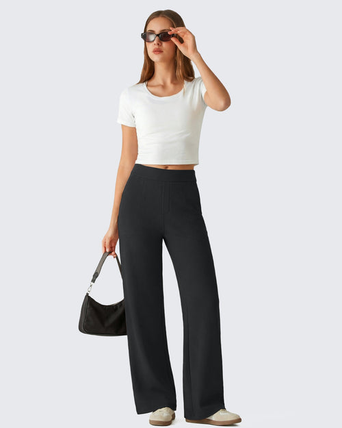 Pantalones de vestir G4Free Waffle de pernera ancha, de talle alto y elásticos
